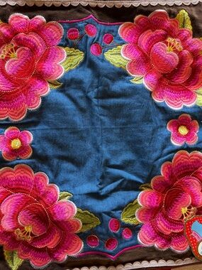 Embroidered Floral Duvet Cover - Blue with Pink Flowers 18x18